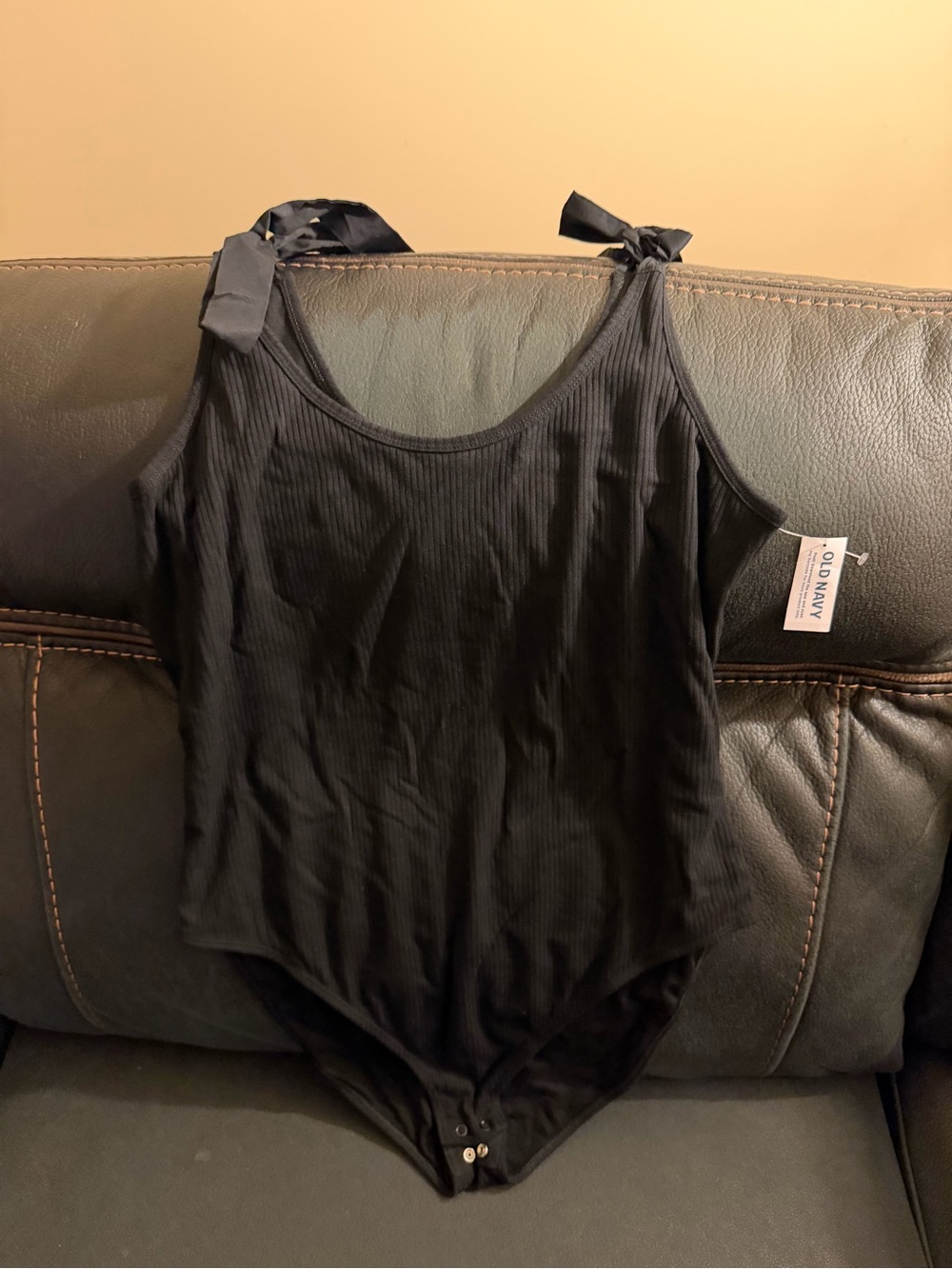 Old Navy Black Ribbed Tie-Shoulder Bodysuit